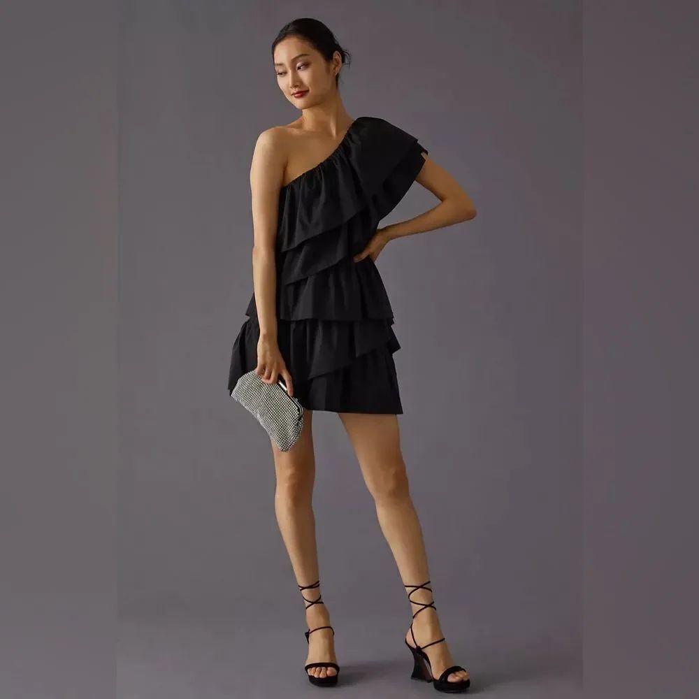 Anthropologie Tiered Mini Dress ENDLESS ROSE BLACK RUFFLED ONE SHOULDER